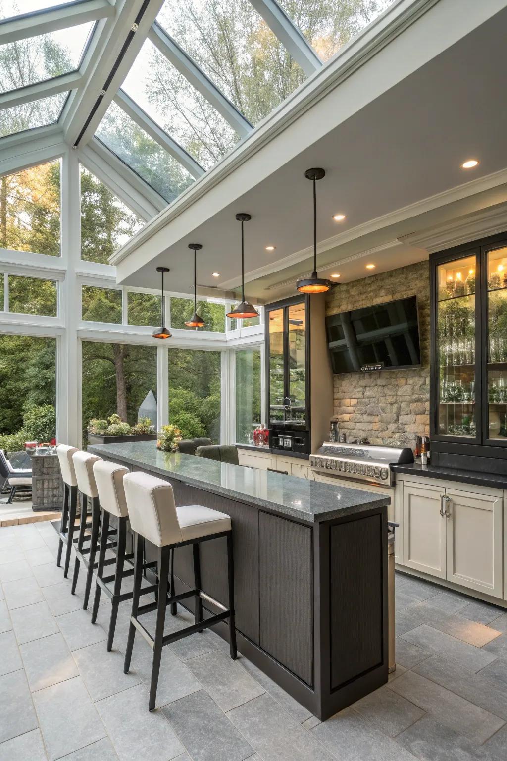 Advanced technology enhances the functionality and ambiance of your sunroom bar.