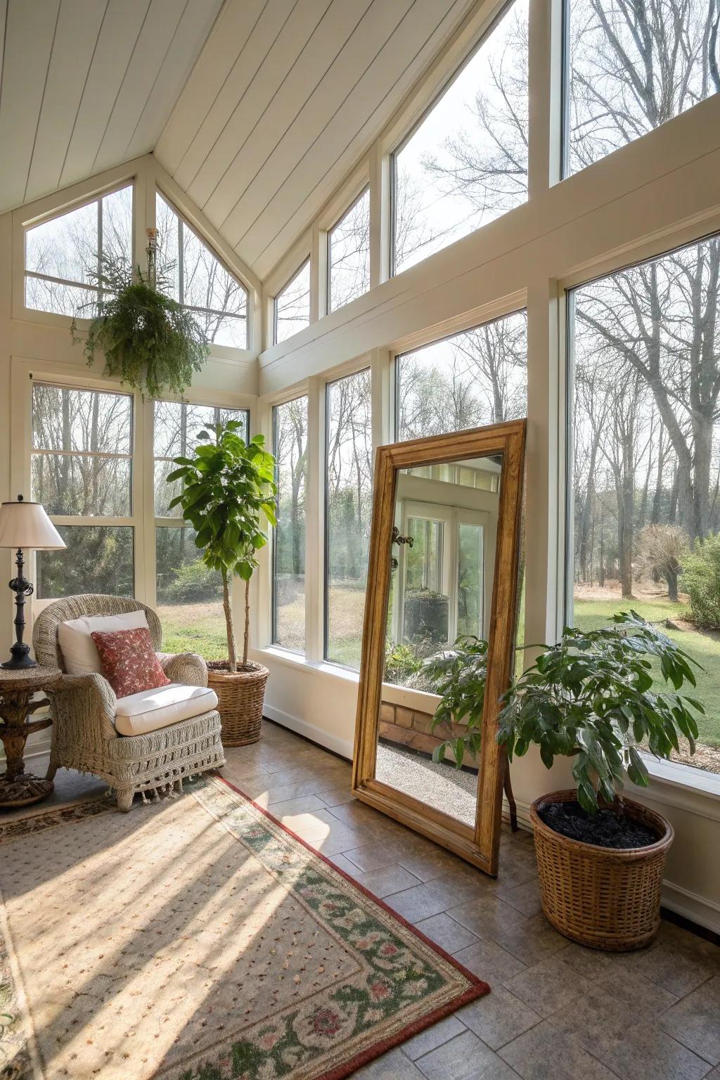 Mirrors enhance light and create a spacious feel.