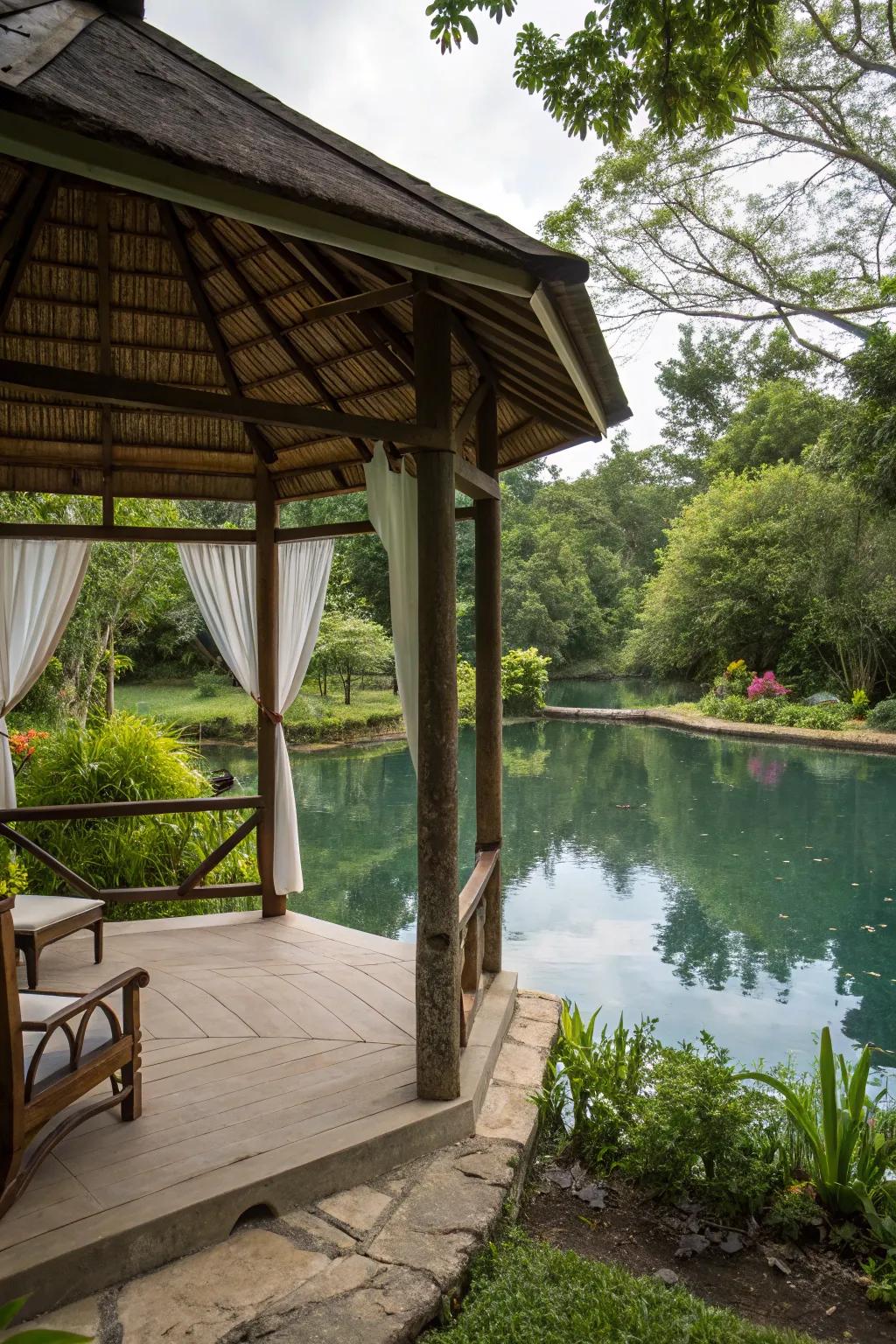 A charming gazebo offers shade and a perfect pond view.