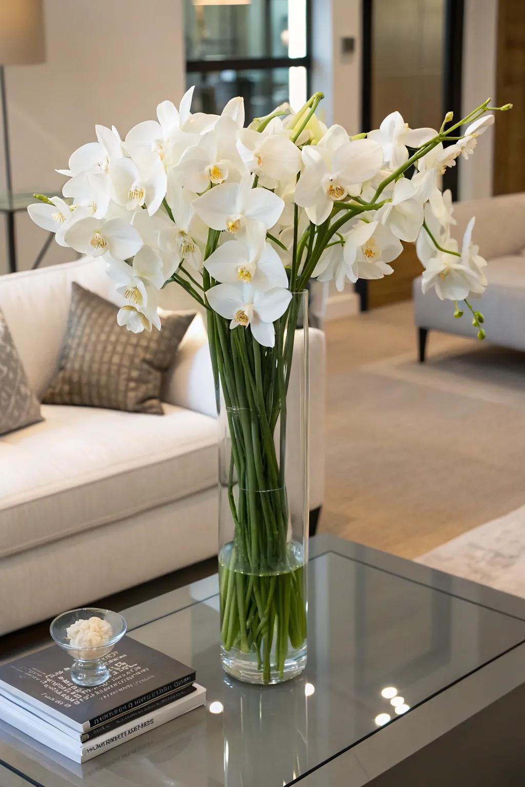 A tall glass vase showcasing elegant orchids, adding a luxurious element to a contemporary coffee table.