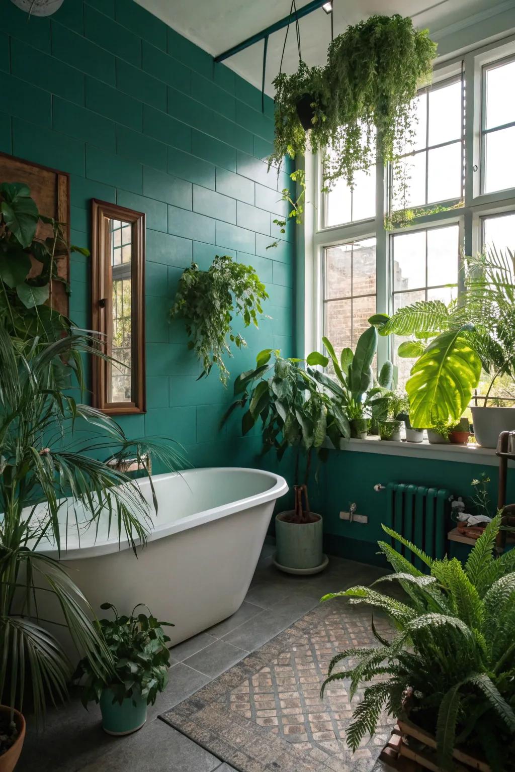 Welcome nature indoors using teal and leafy greens.