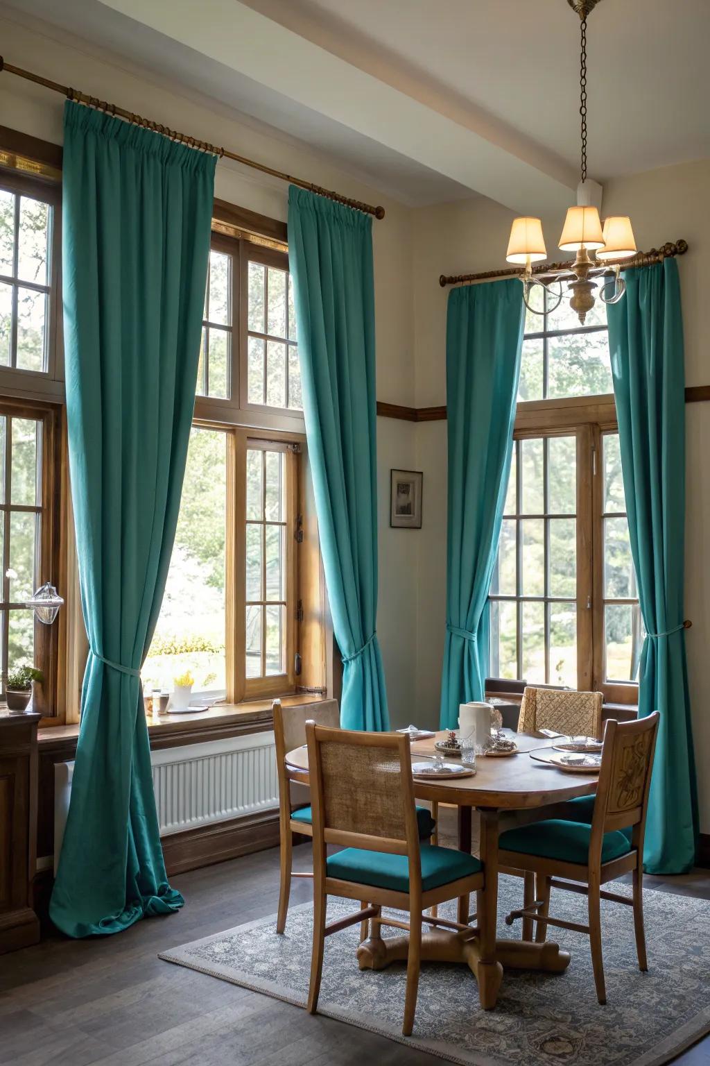 Teal drapes add elegance and shade to the room