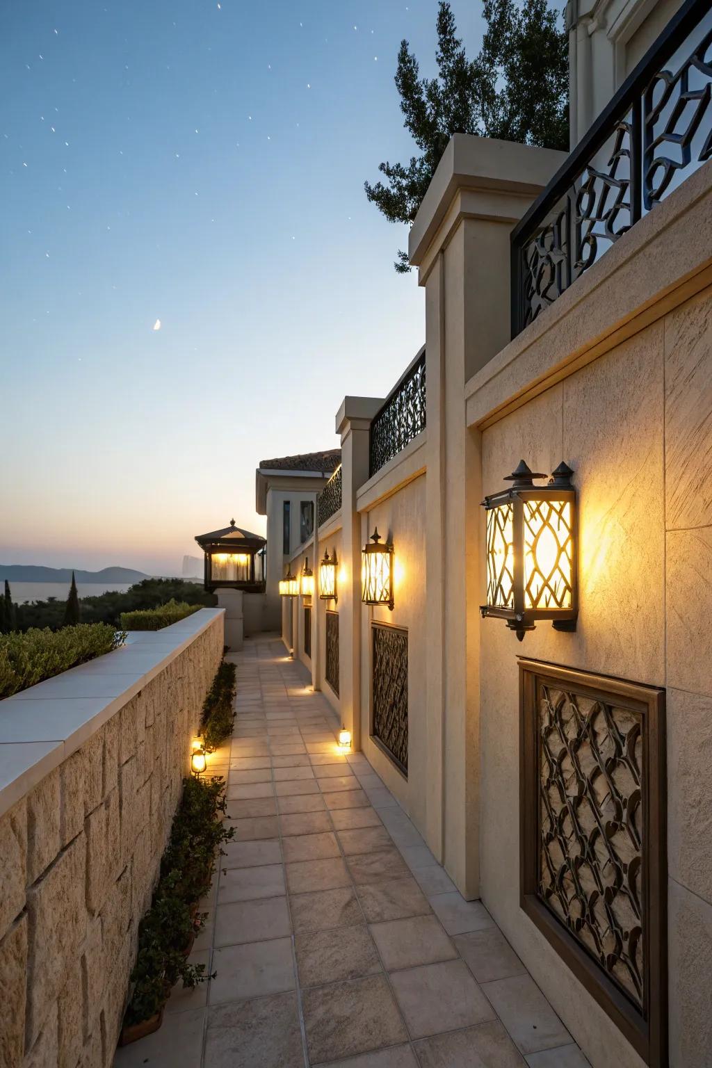 Wall lights beautifully highlight architectural elements.