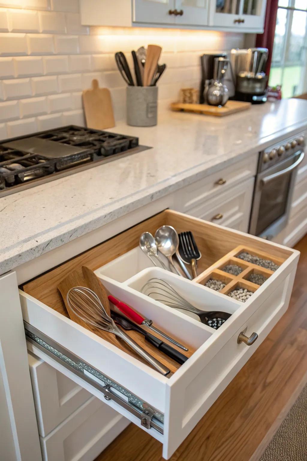 In modern kitchens, seamless in-counter storage is essential.