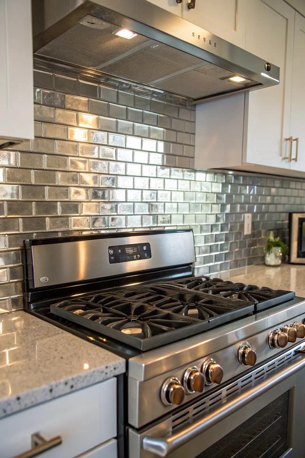 Reflective tiles magnify light, enhancing the kitchen's modern feel.