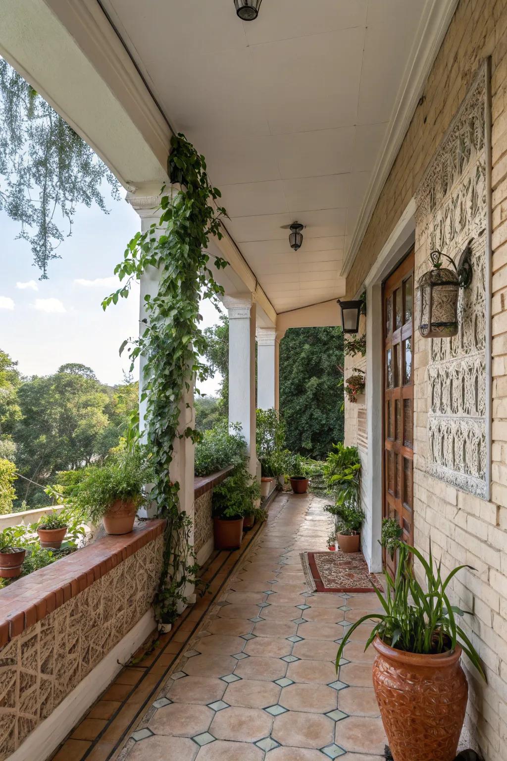 A blend of tiles and bricks results in a textured and dynamic porch design.