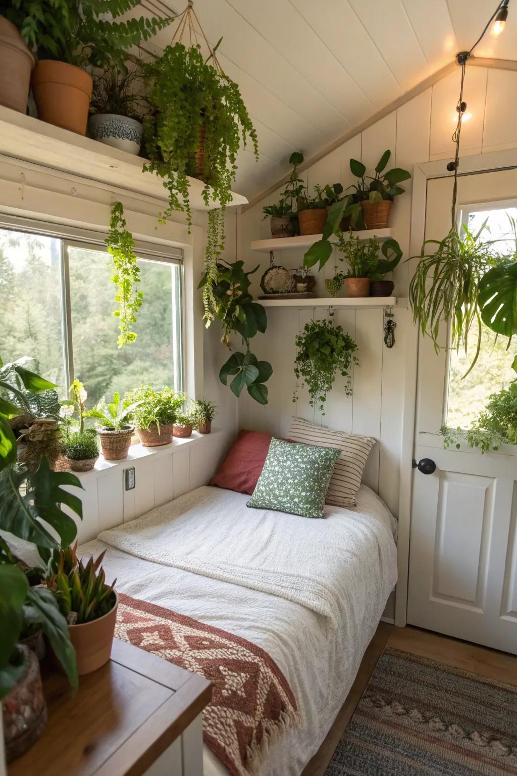 Plants adding a fresh and welcoming touch to the small bedroom.