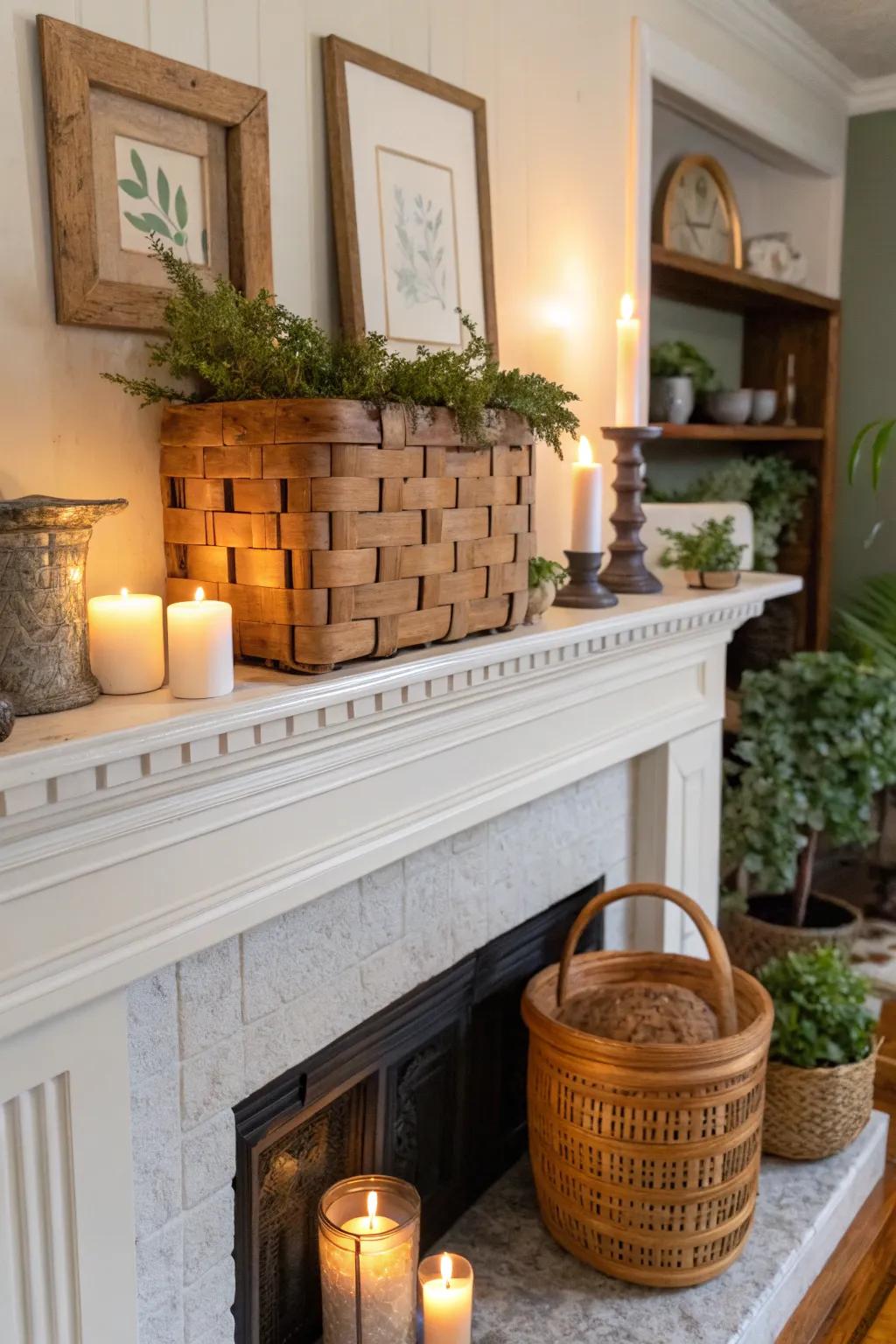 A laid-back and sophisticated mantel display showcasing a woven platter.