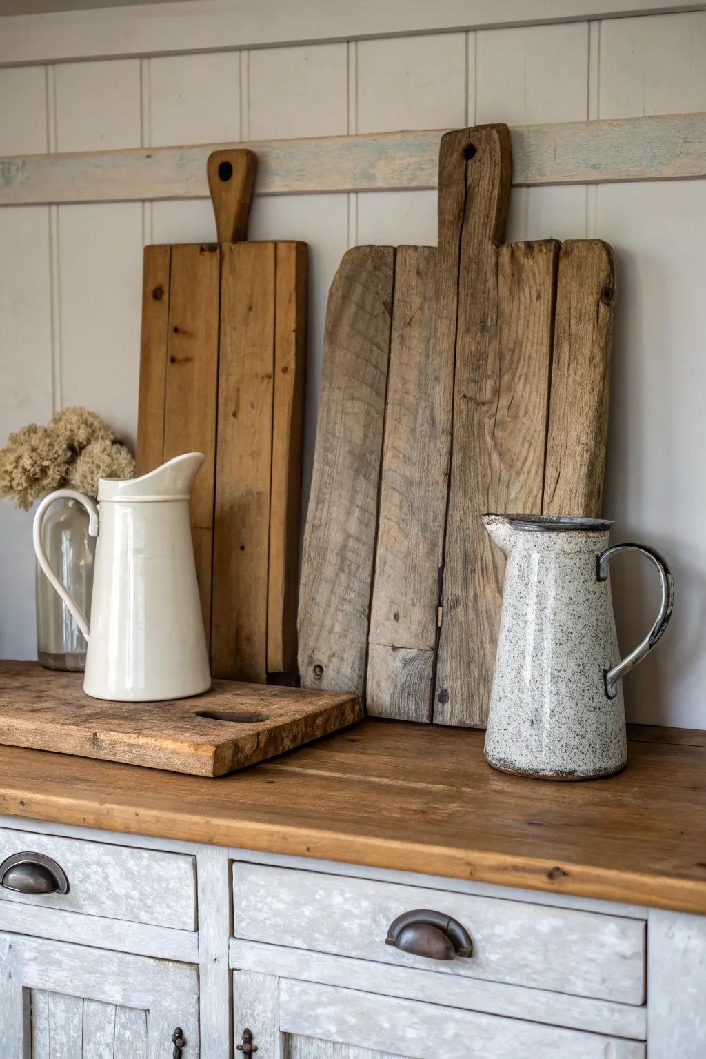 Embrace a farmhouse feel with rustic relics above your cabinets.