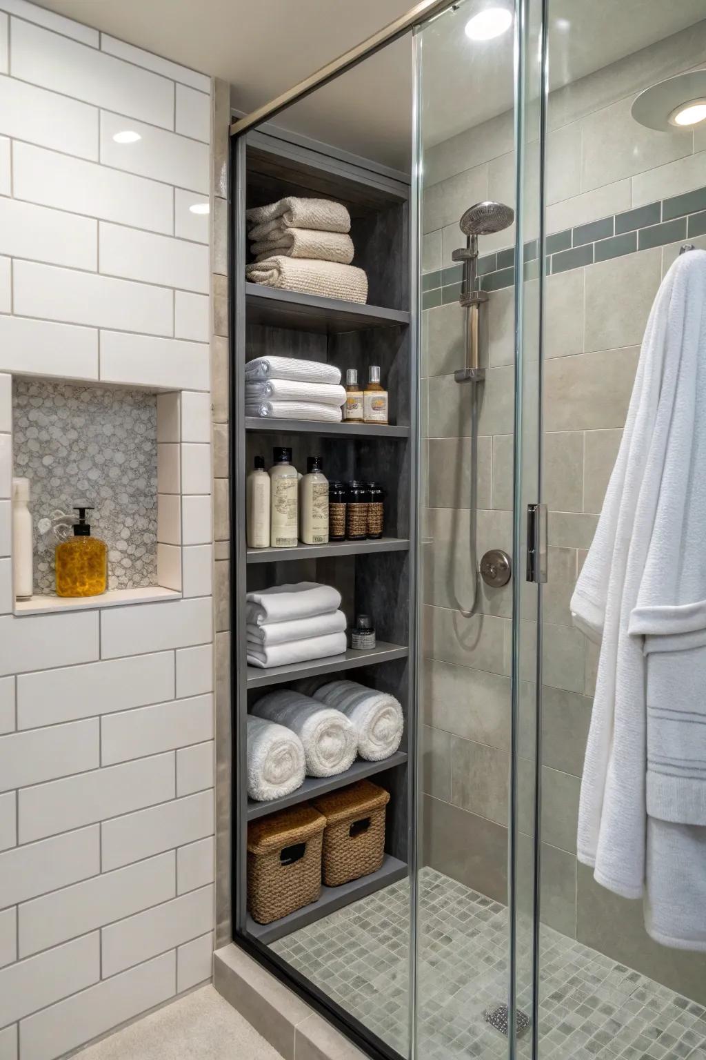 Niche shelving fits perfectly into small bathroom layouts.