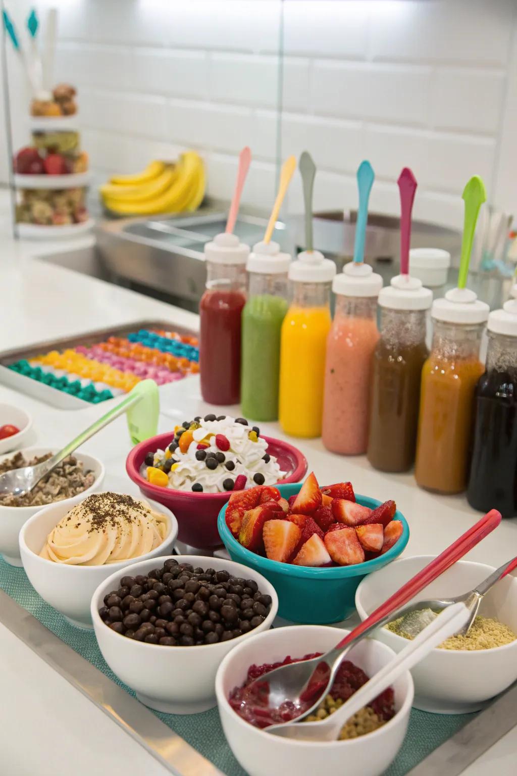 Frozen cream bar with different garnishes.