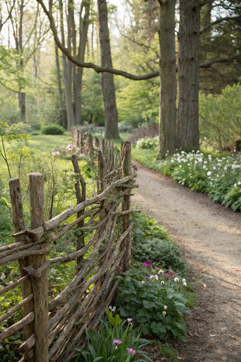 A twig fence brings rustic charm to any garden.