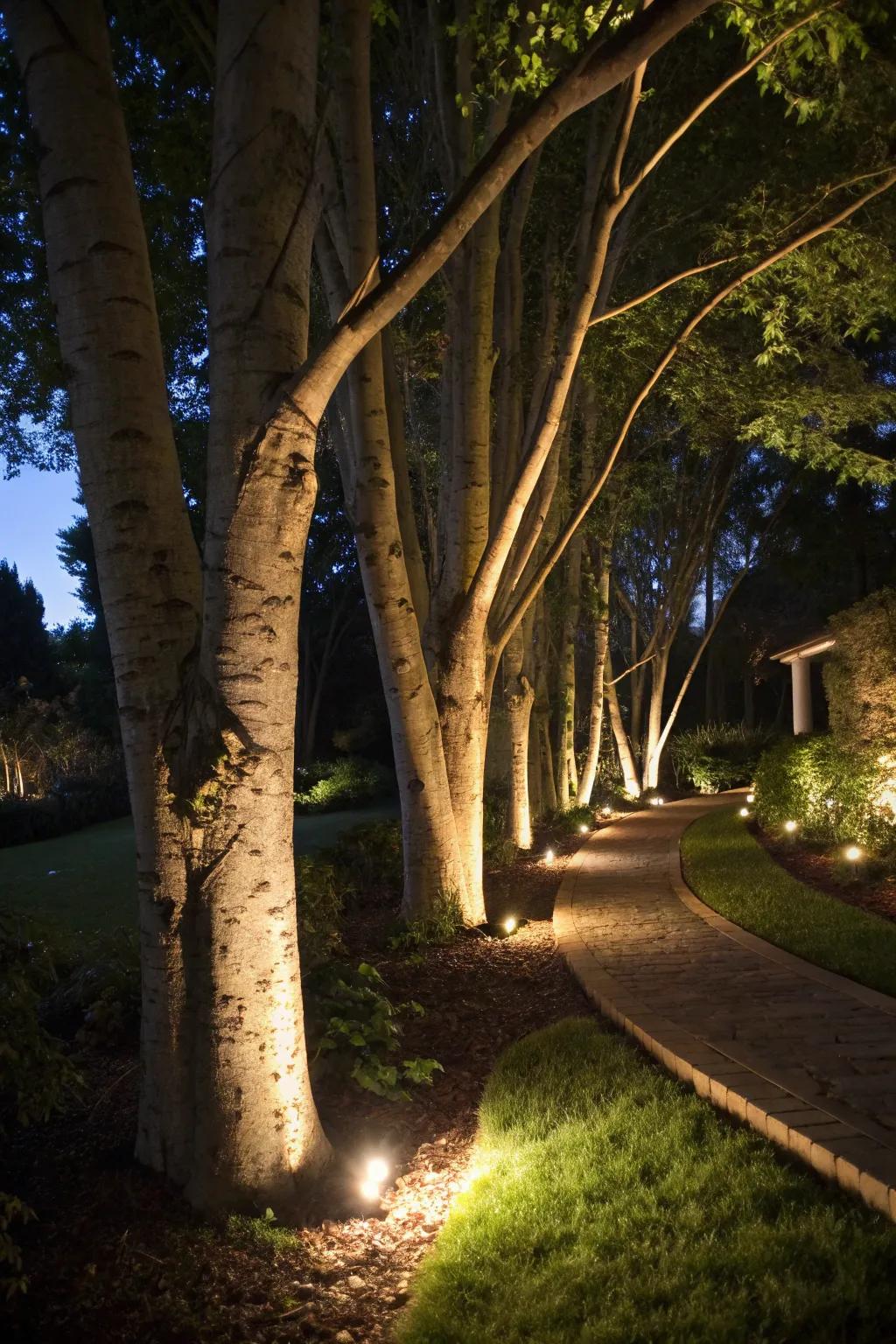 Impaling beams etch striking silhouettes on tree bases.