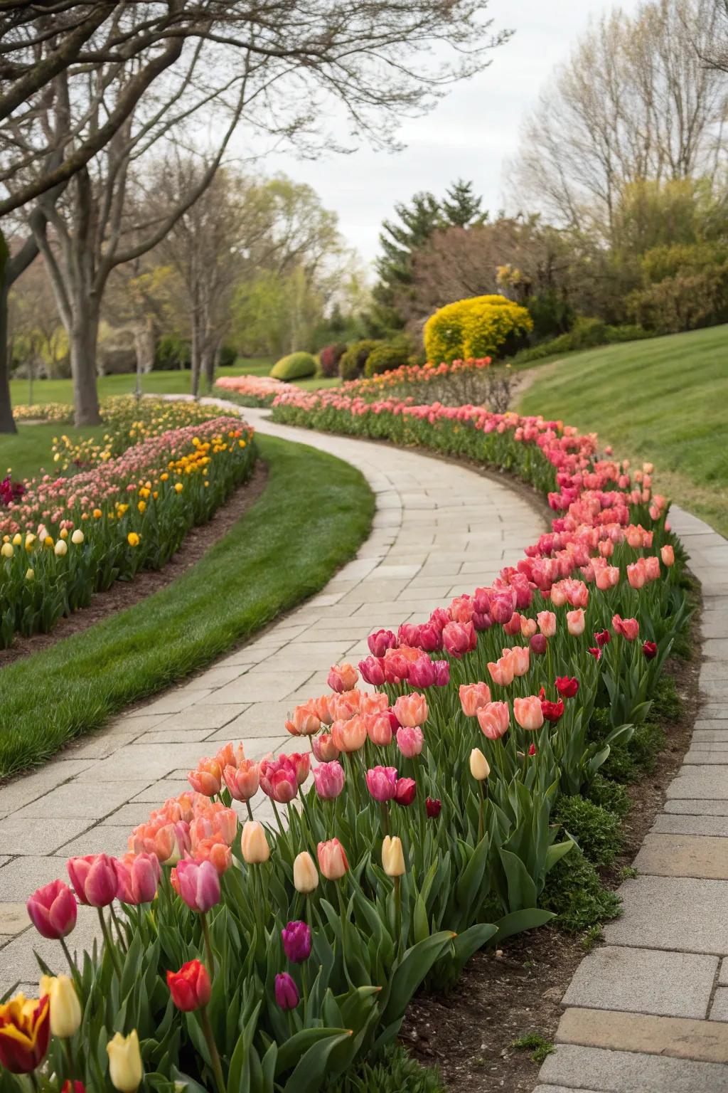 Stroll through beauty: Pathway edged with tulips.