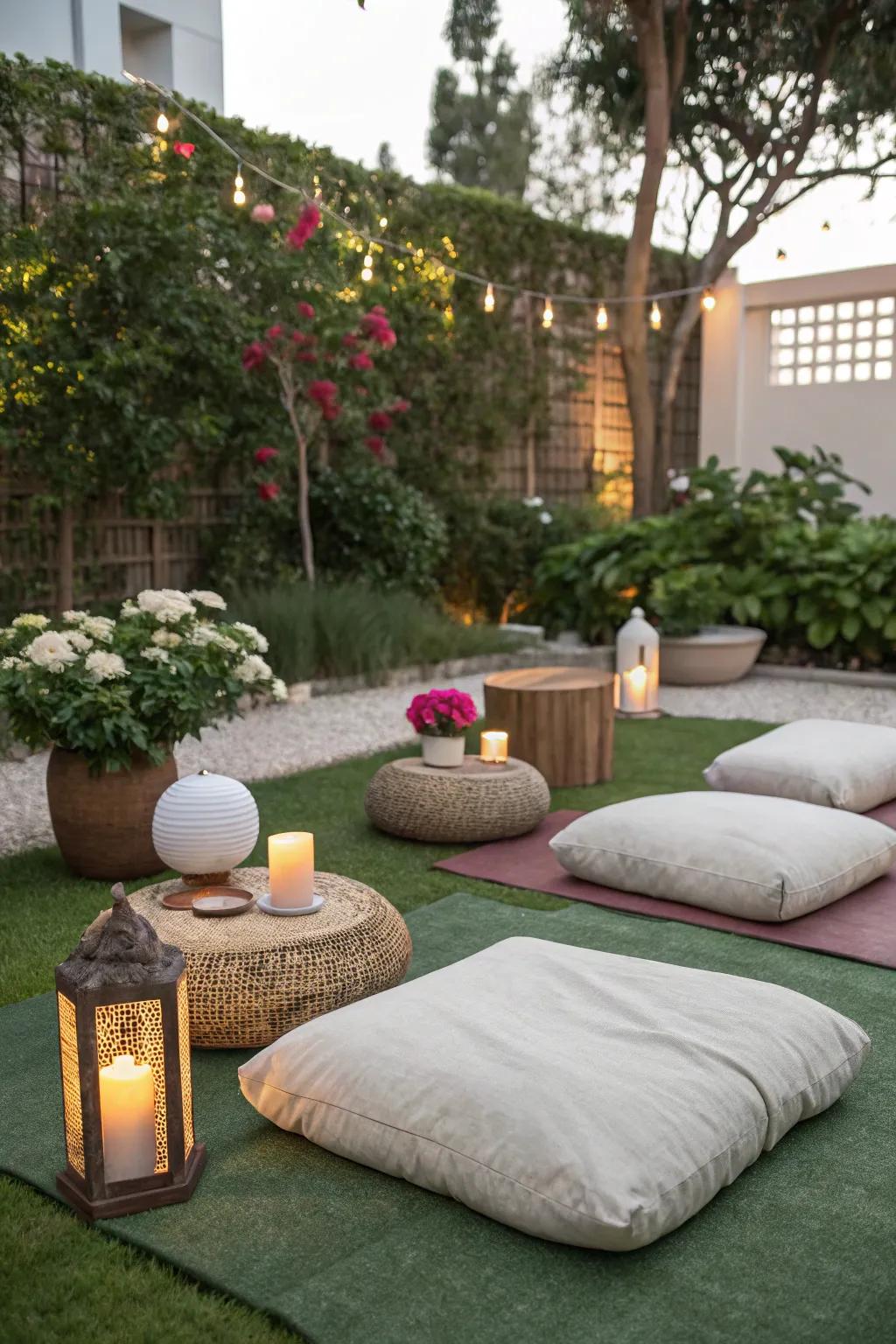 A tranquil meditation area on lawn.