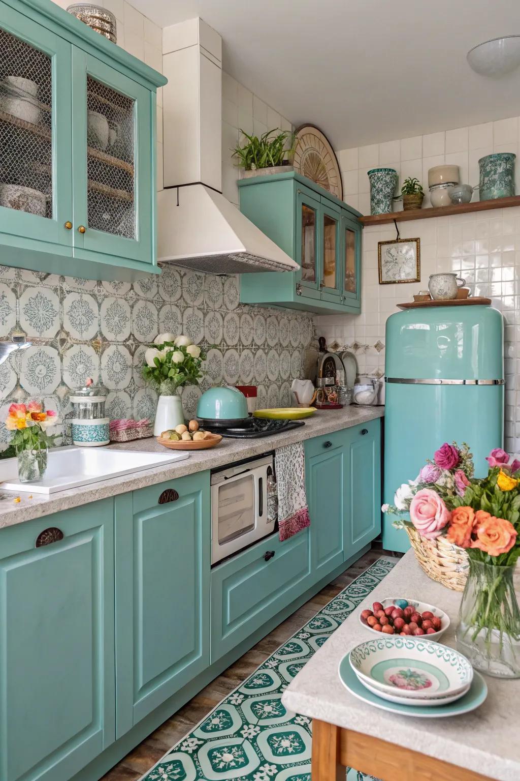 Eclectic decor accents adding charm to a turquoise kitchen.