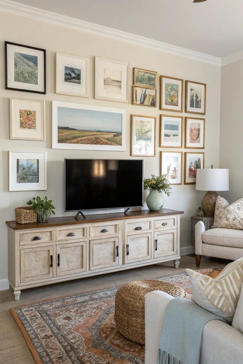 Color-coordinated TV gallery wall that facilitates seamless integration.