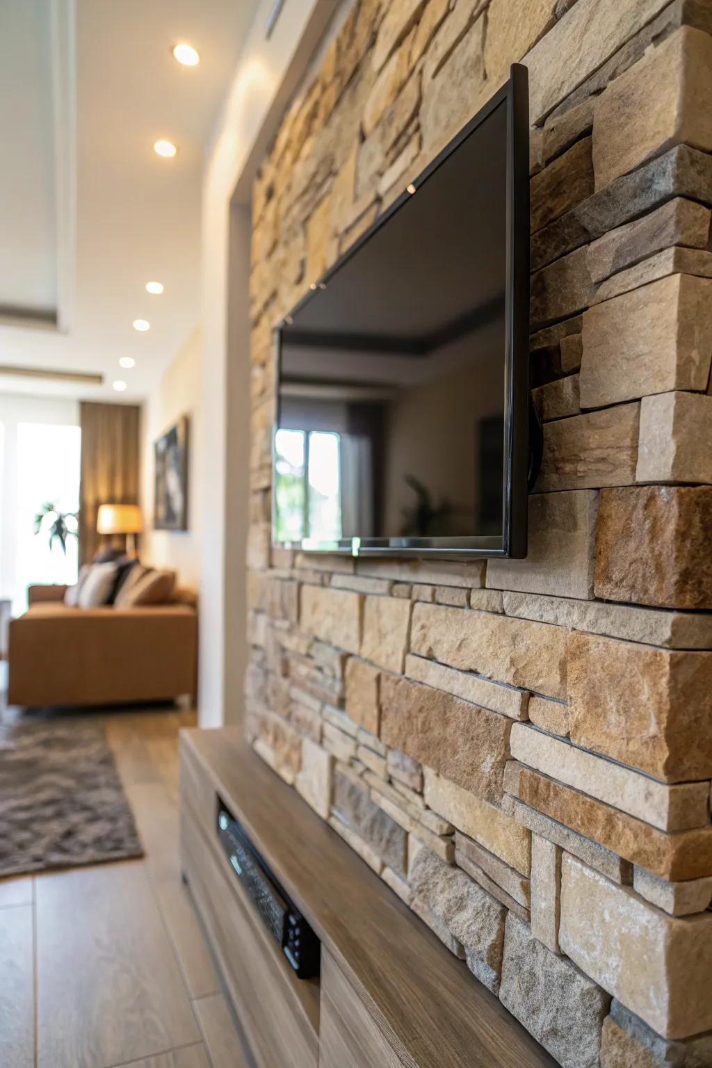 Textured walls enrich this TV wall with dimension.