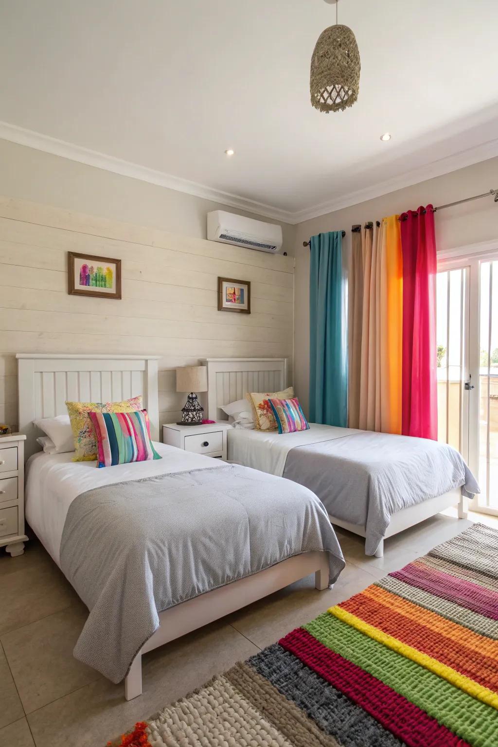 A shared bedroom with a blend of neutral tones and striking accents.