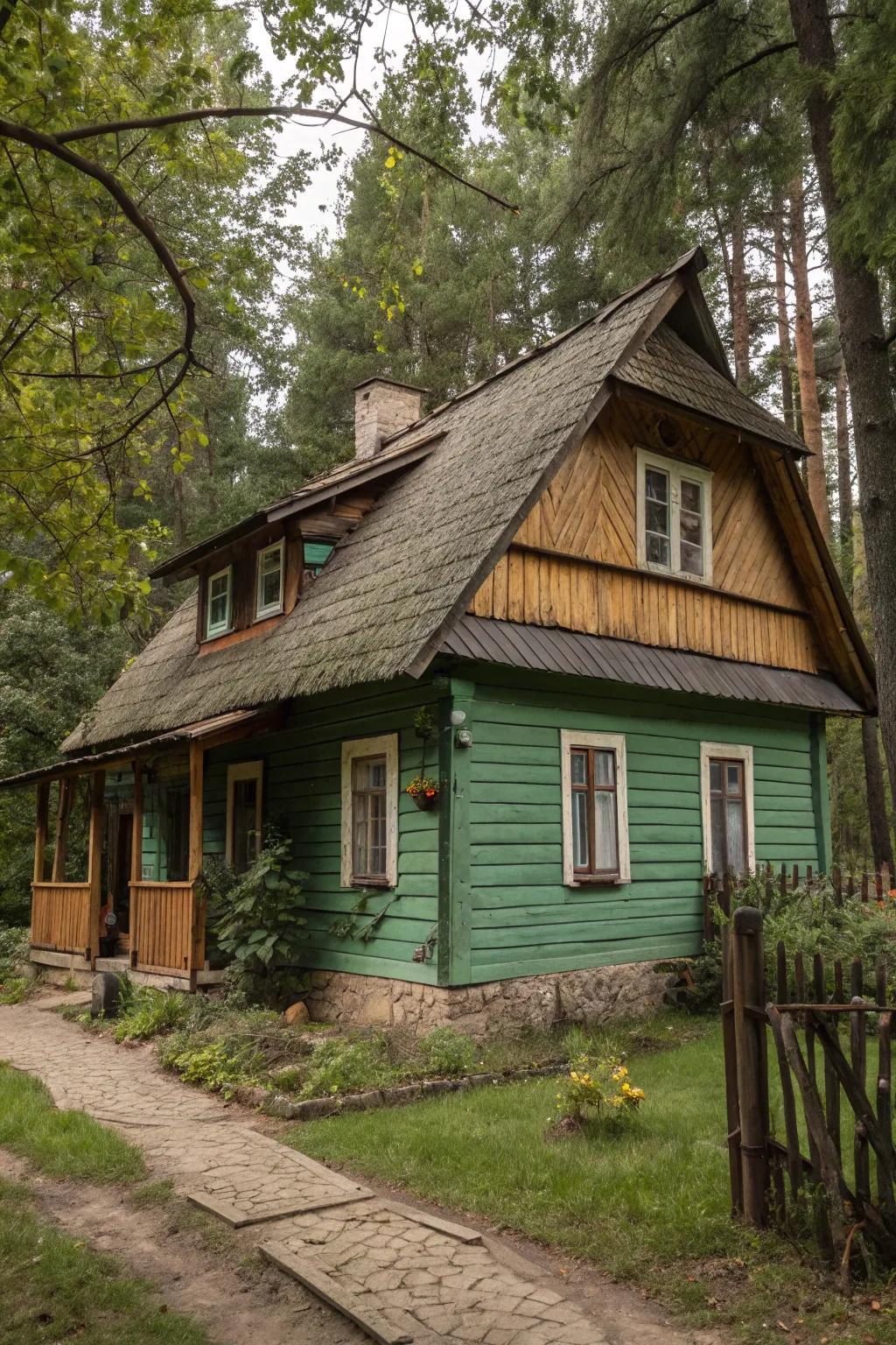 Earthy green and wood siding evoke a natural, rustic charm.