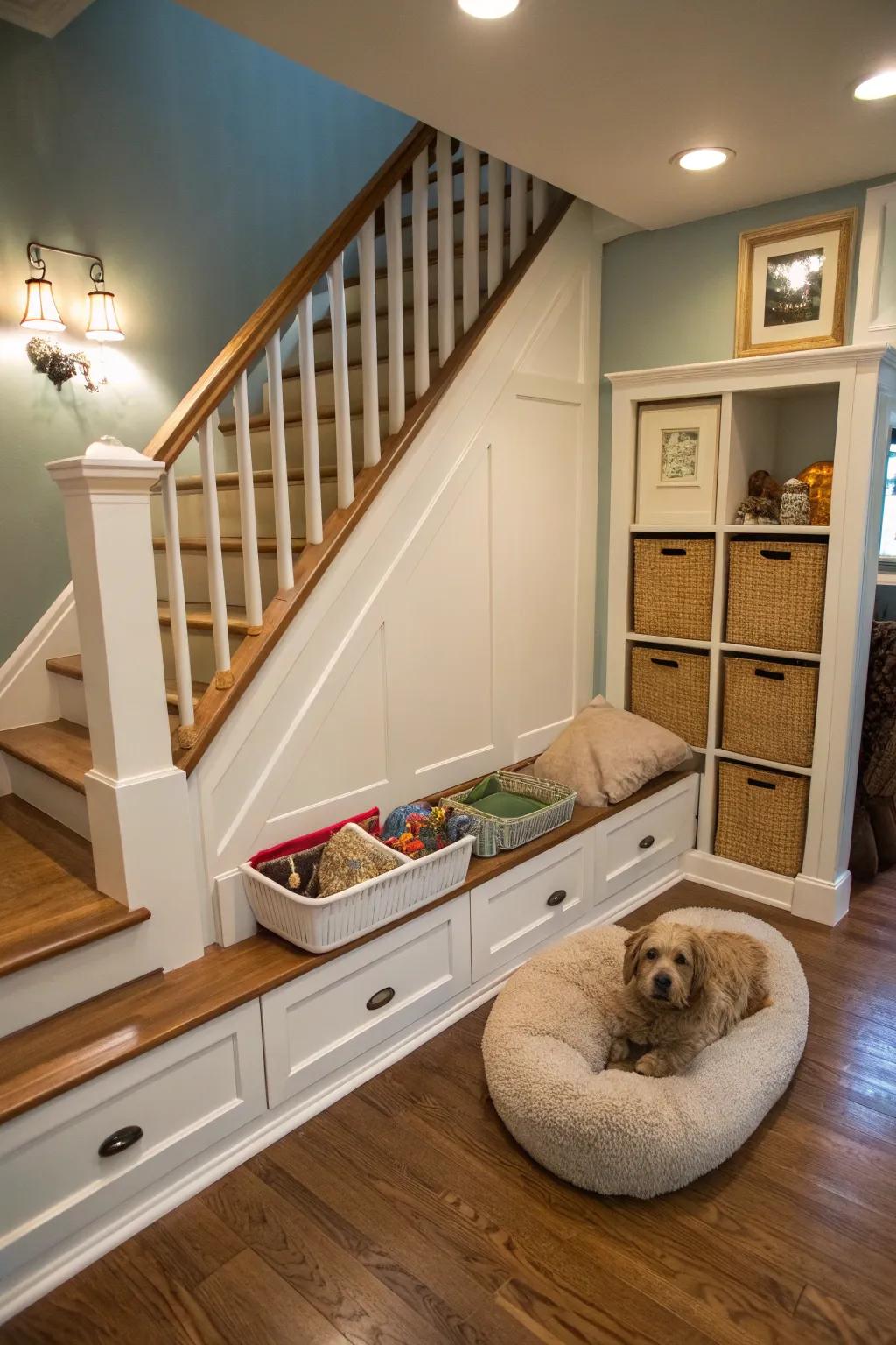 A snug domestic animal getaway beneath the staircase for your cherished companions.