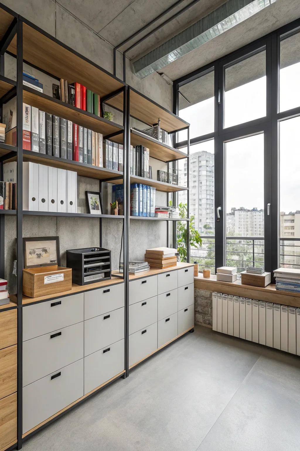 Efficient storage solutions help keep your workspace organized.