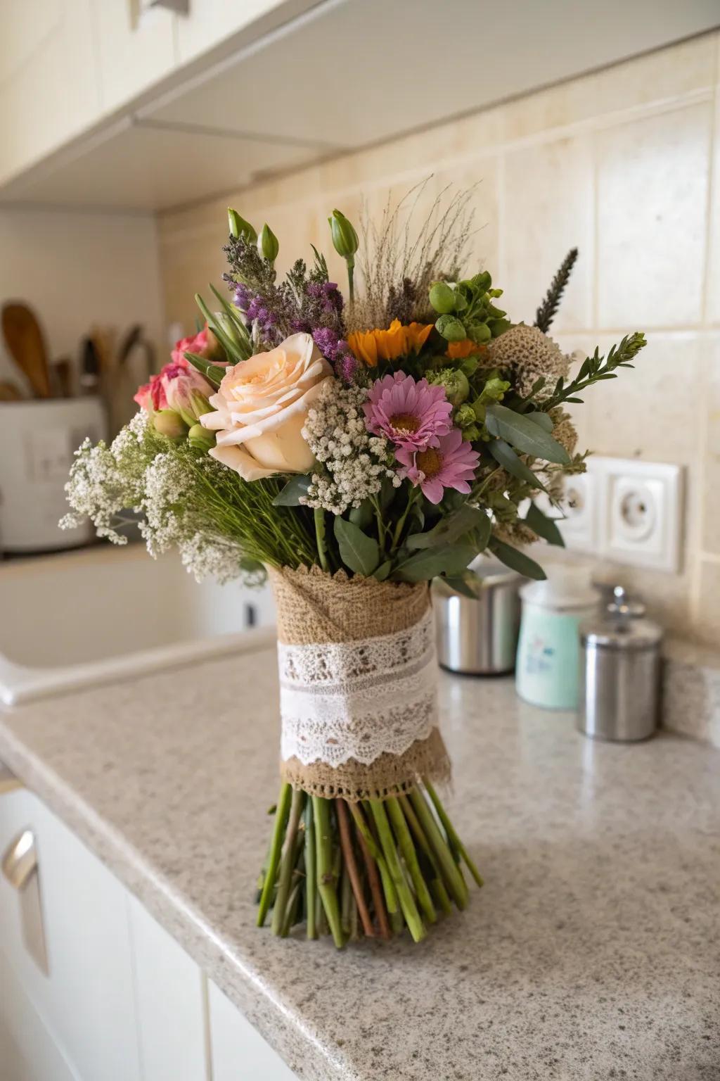 Bouquet wrapped elegantly in lace and burlap.