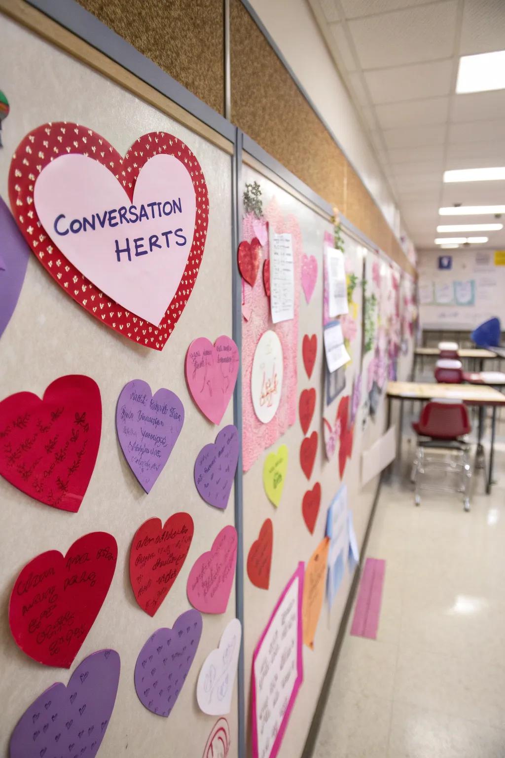 A display showcasing vibrant chatter hearts bearing personalized sentiments.