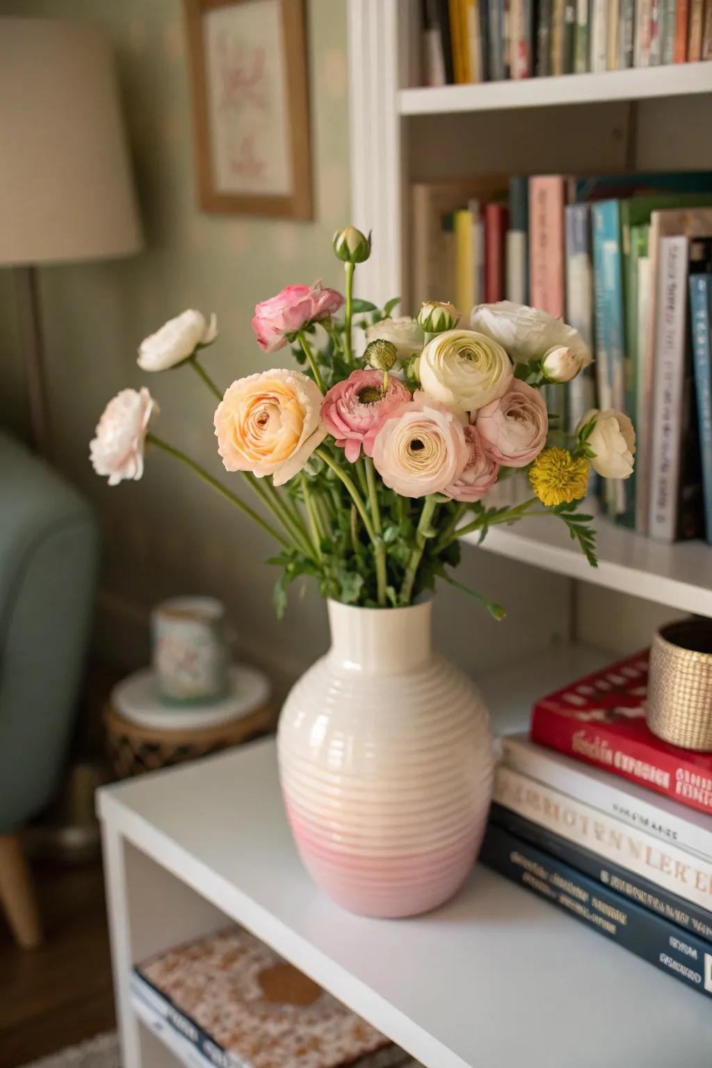 Delicate ranunculus arrangement infusing charm into a living space.