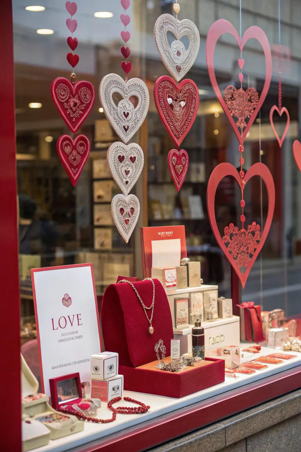 A thoughtfully organized display of Valentine's Day gifts featured in a shop window.