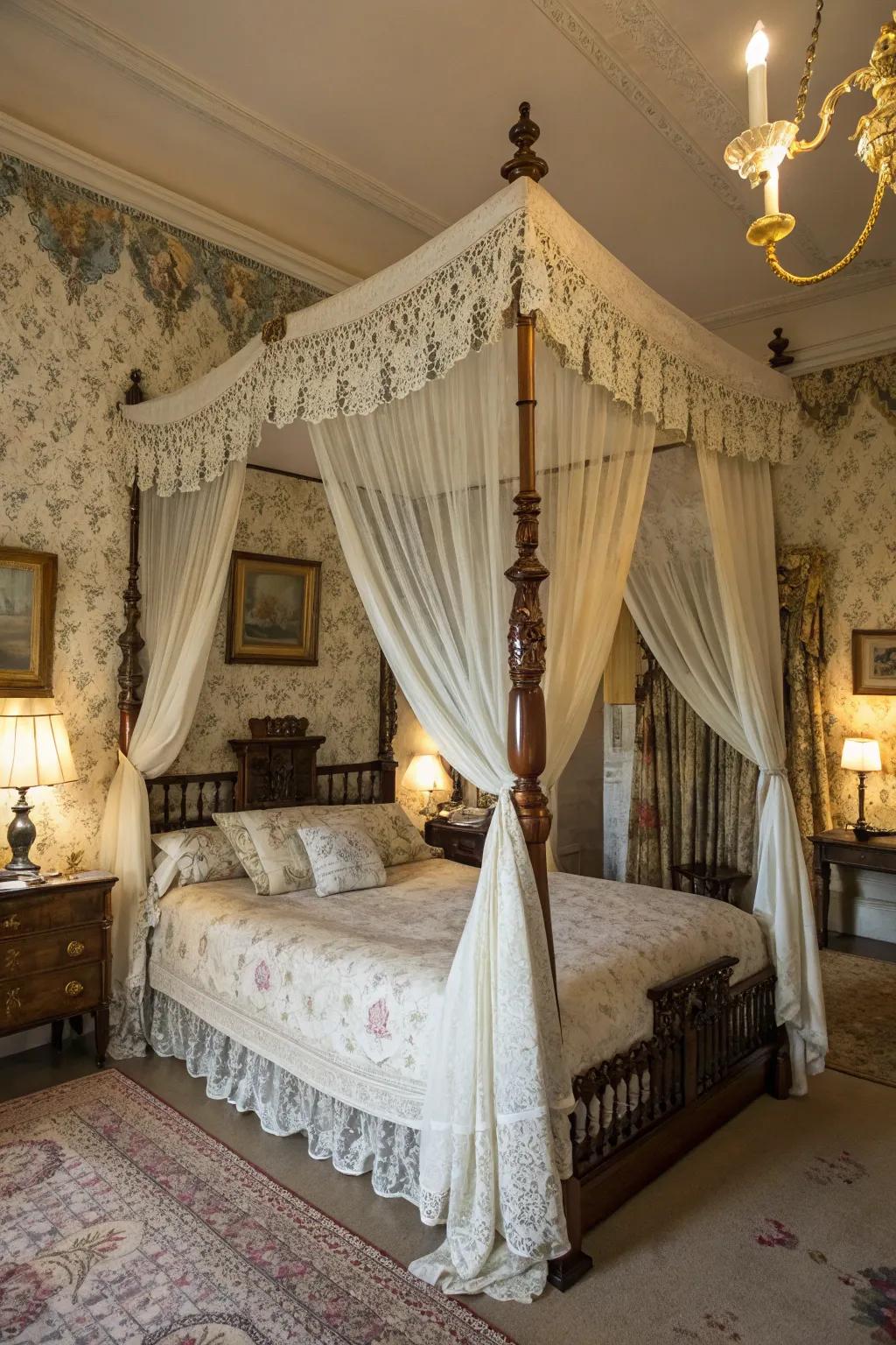A four-poster bed with a drape exudes Victorian romance.