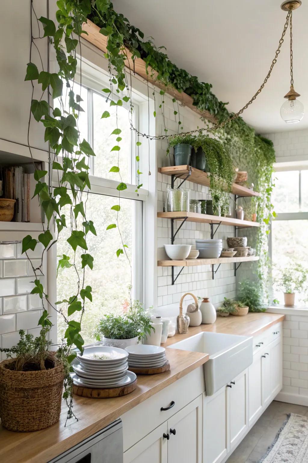 Infuse life into your culinary space through dangling creepers.