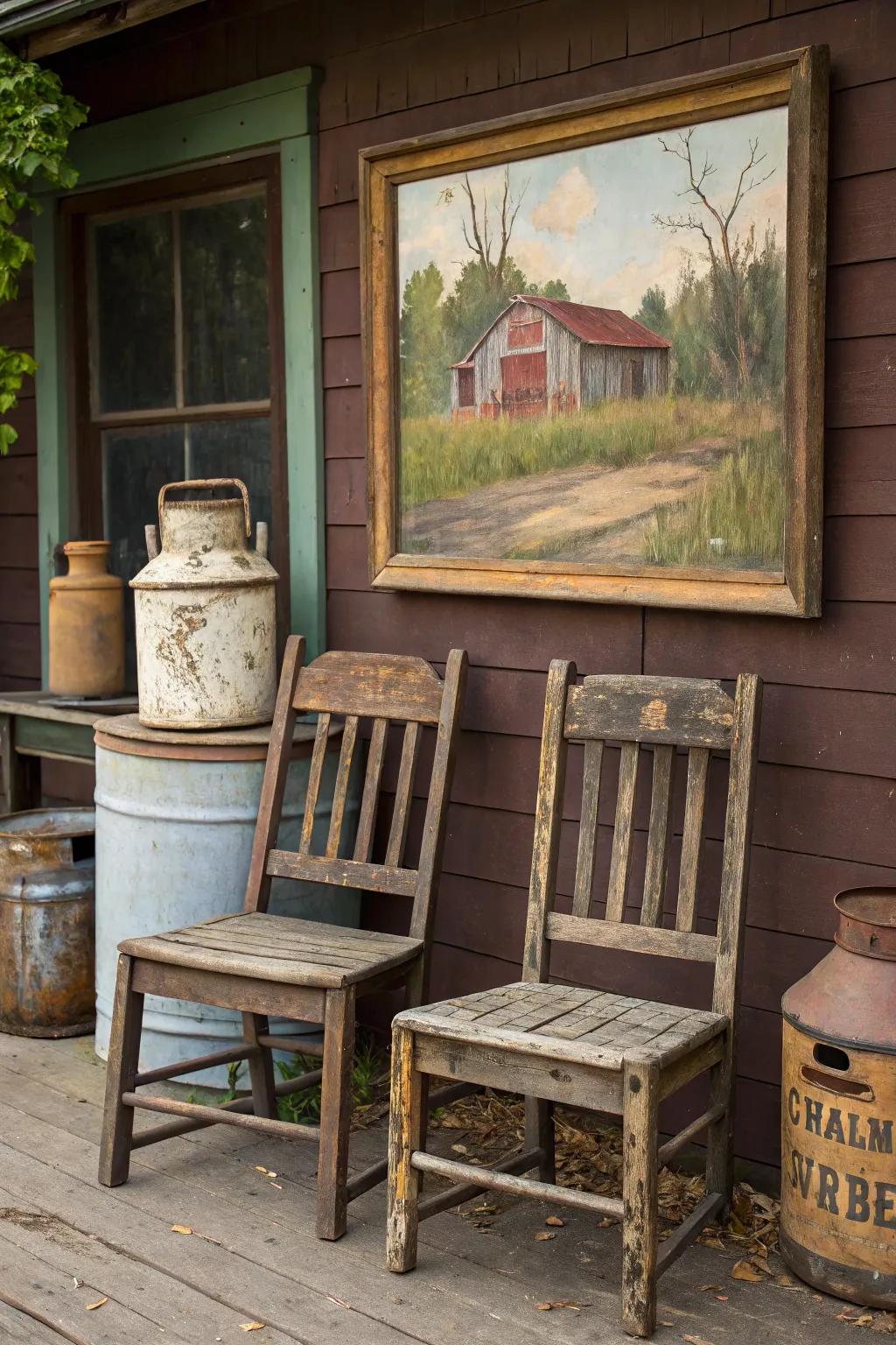 Rustic paintings add a welcoming, homey allure.