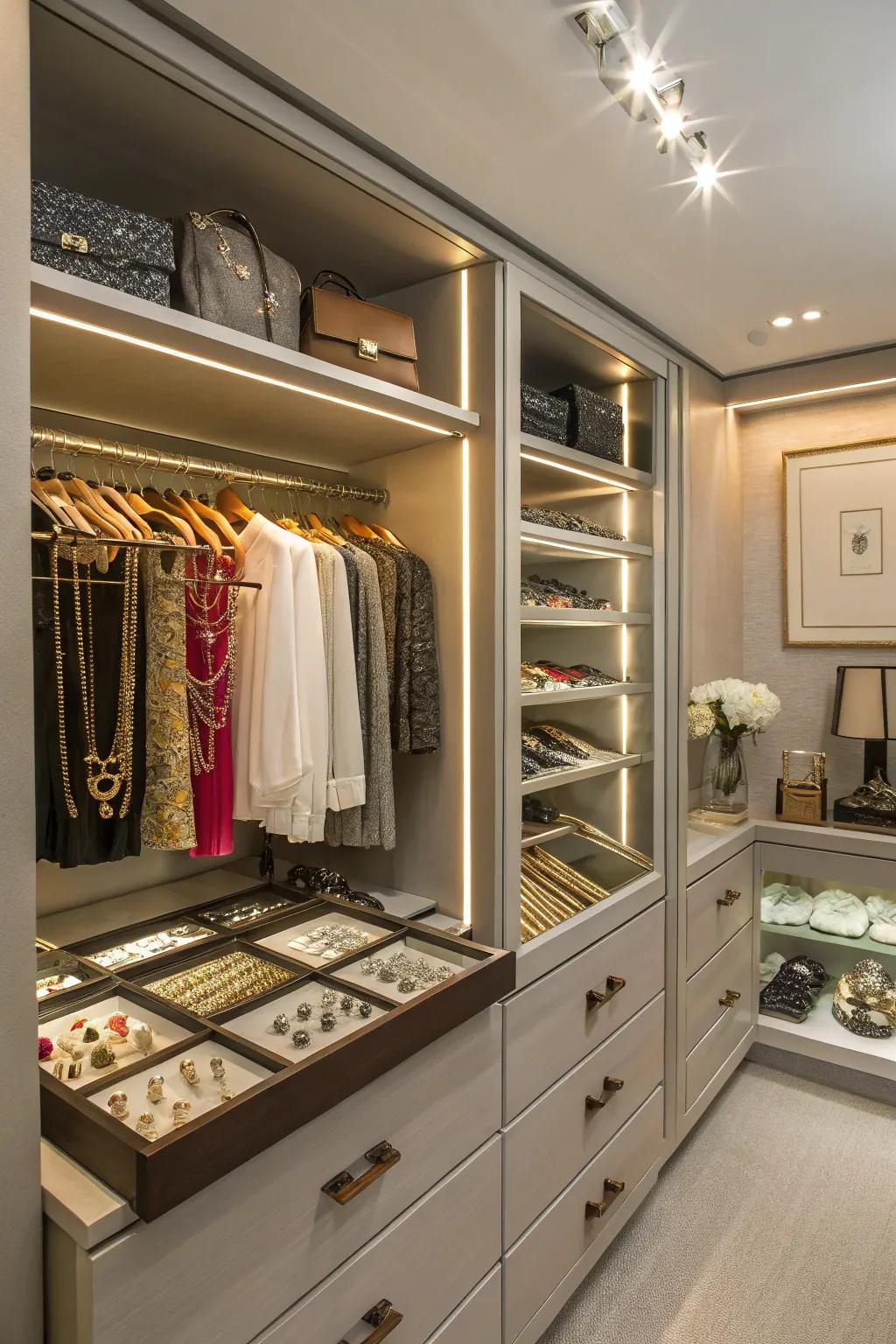 A customized walk-in closet featuring a specific area for jewelry presentation.