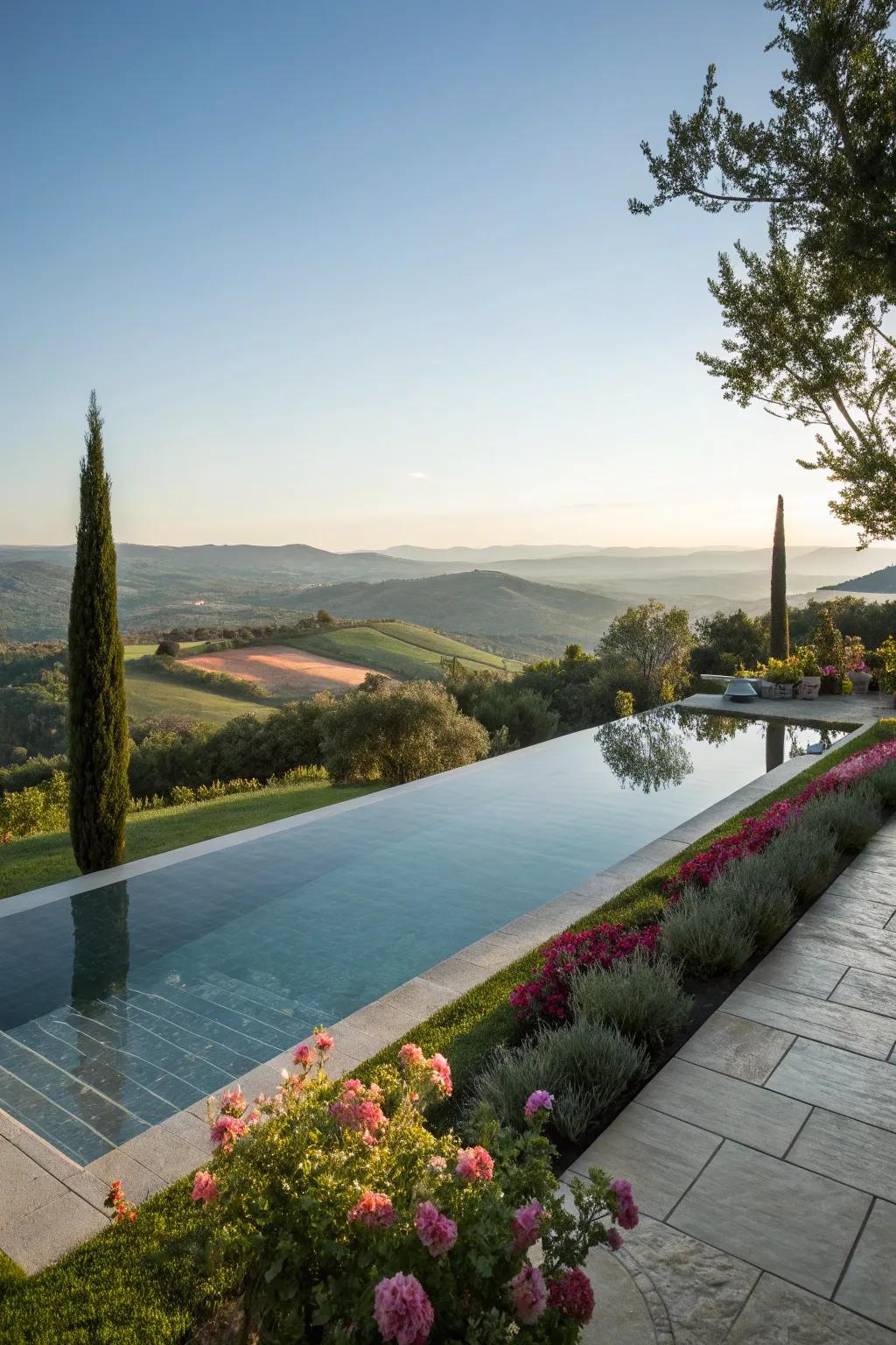 An infinity edge pool creates a smooth connection between the water and skyline.