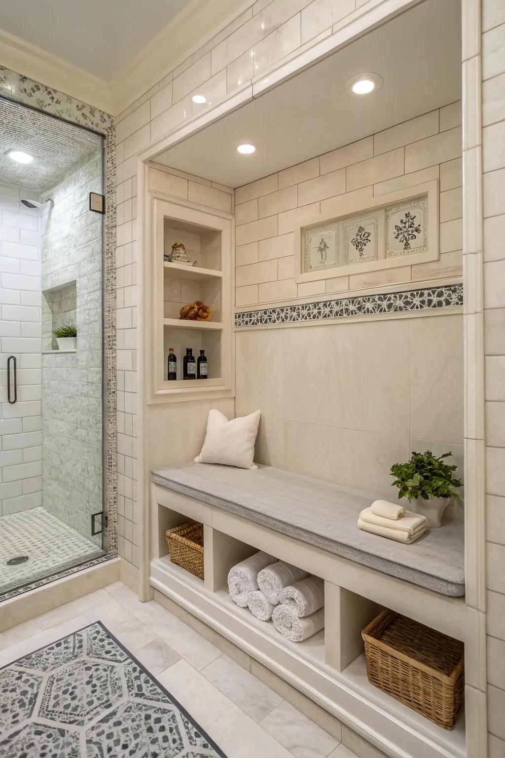 A bench with integrated shelves provides both seating and storage in the shower.