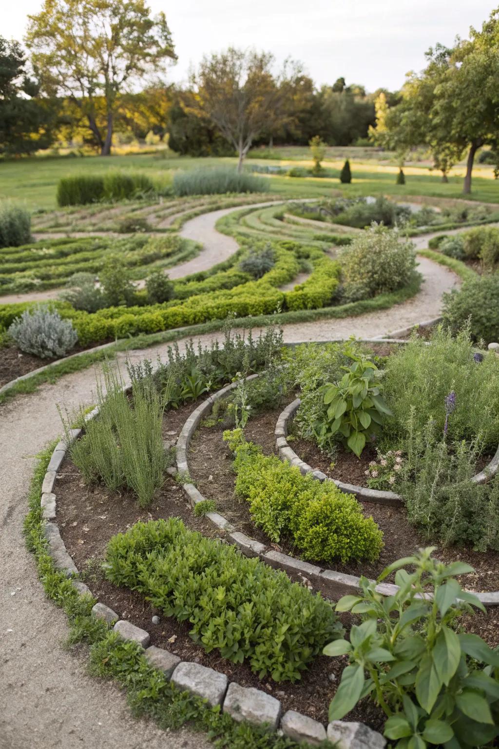 A spiral herb garden labyrinth provides both a space for introspection and an accessible herb source.