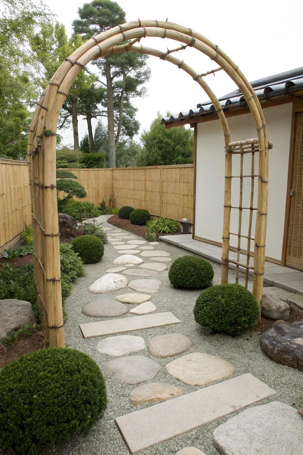 Bamboo arches impart an exotic, zen-like attribute to garden environments.