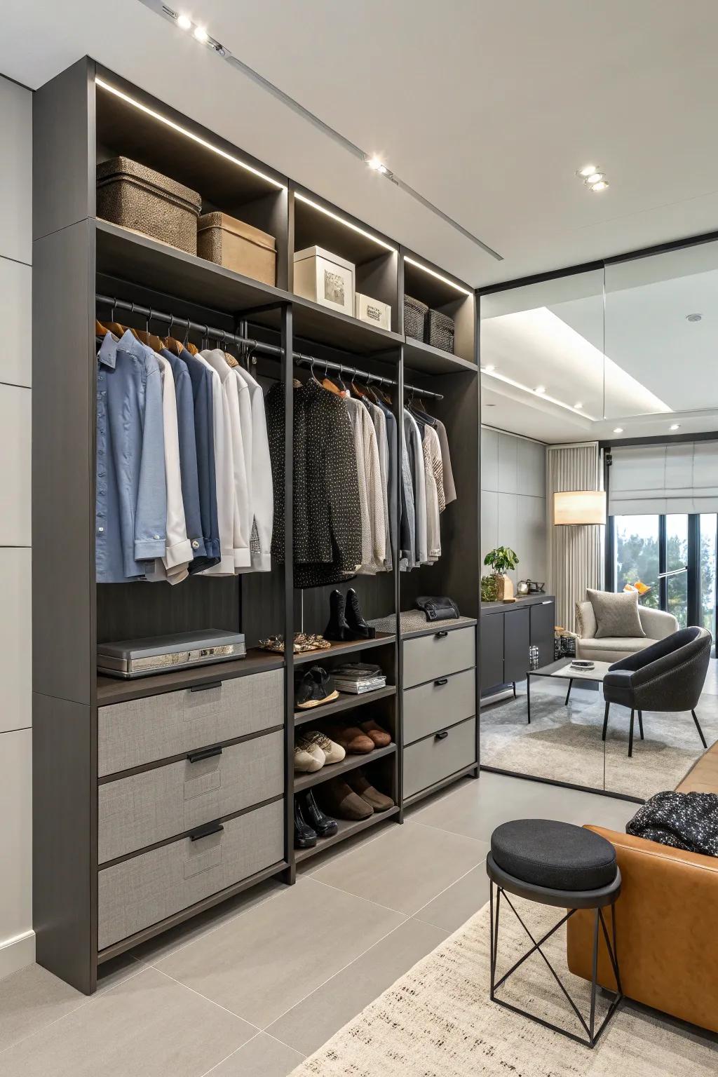 Modular segments in wall closets provide custom storage solutions.