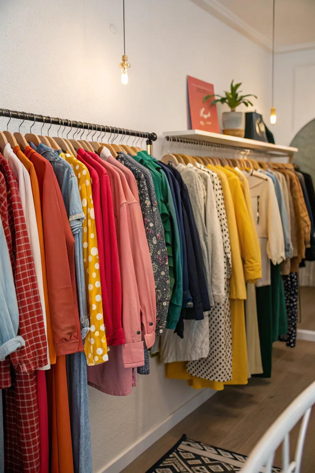 A wall-mounted clothing rack featuring a neat and vibrant display.
