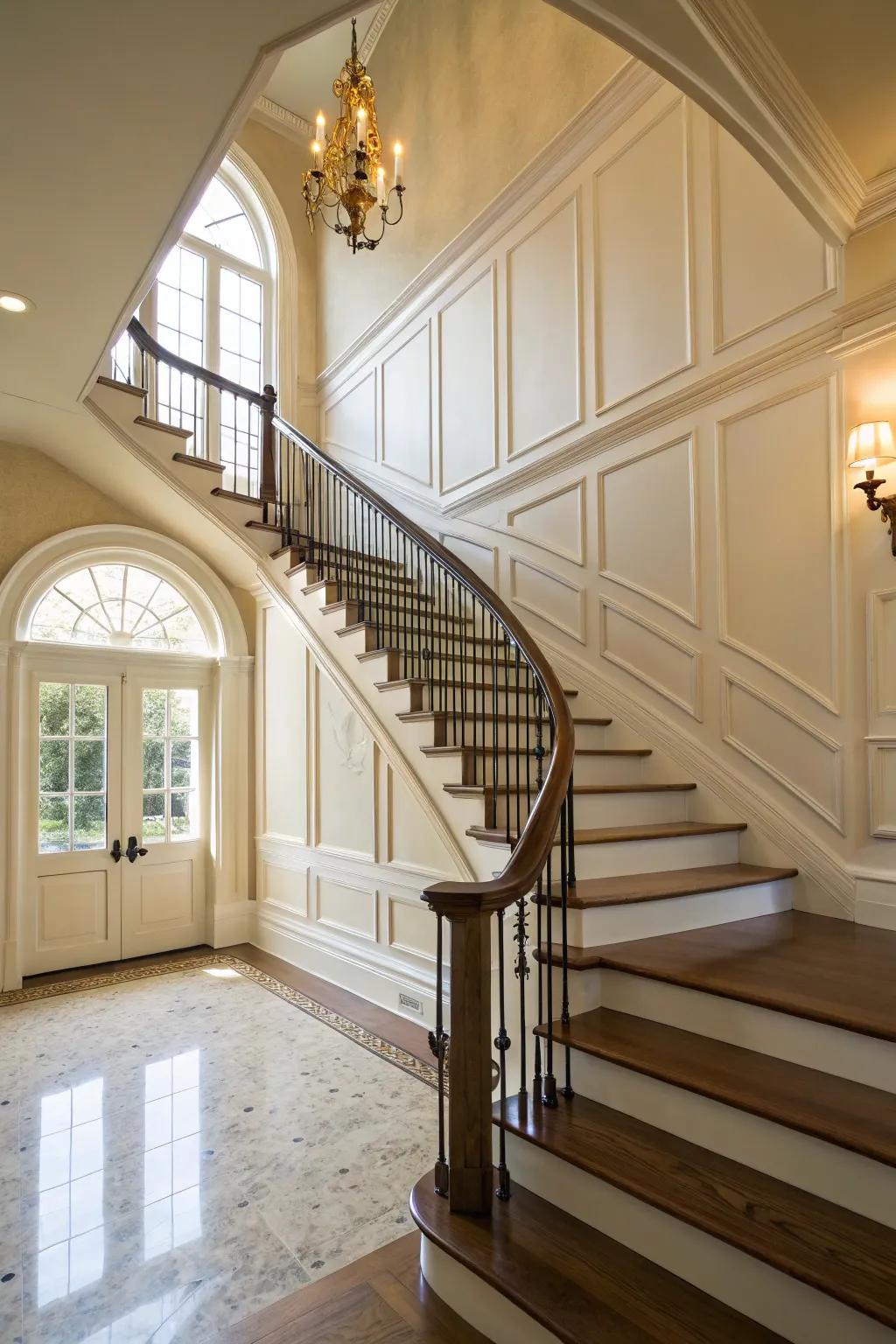 Wall trim along the staircase establishes a smooth, sophisticated flow.