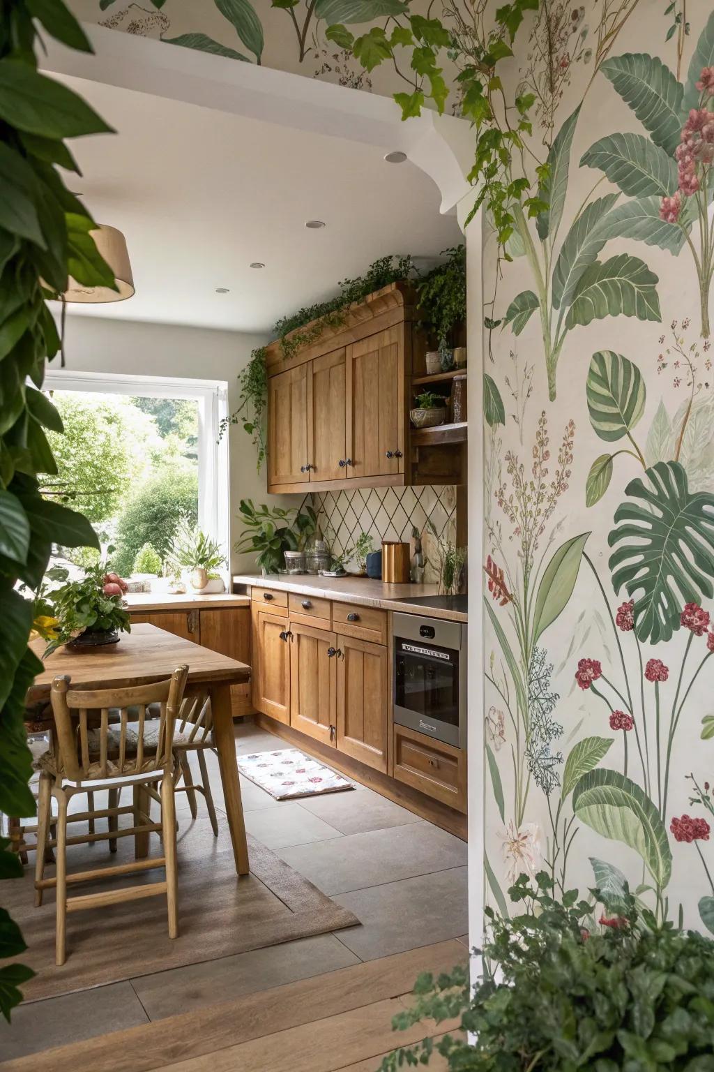 Nature-inspired wallpaper brings a refreshing touch to kitchens.