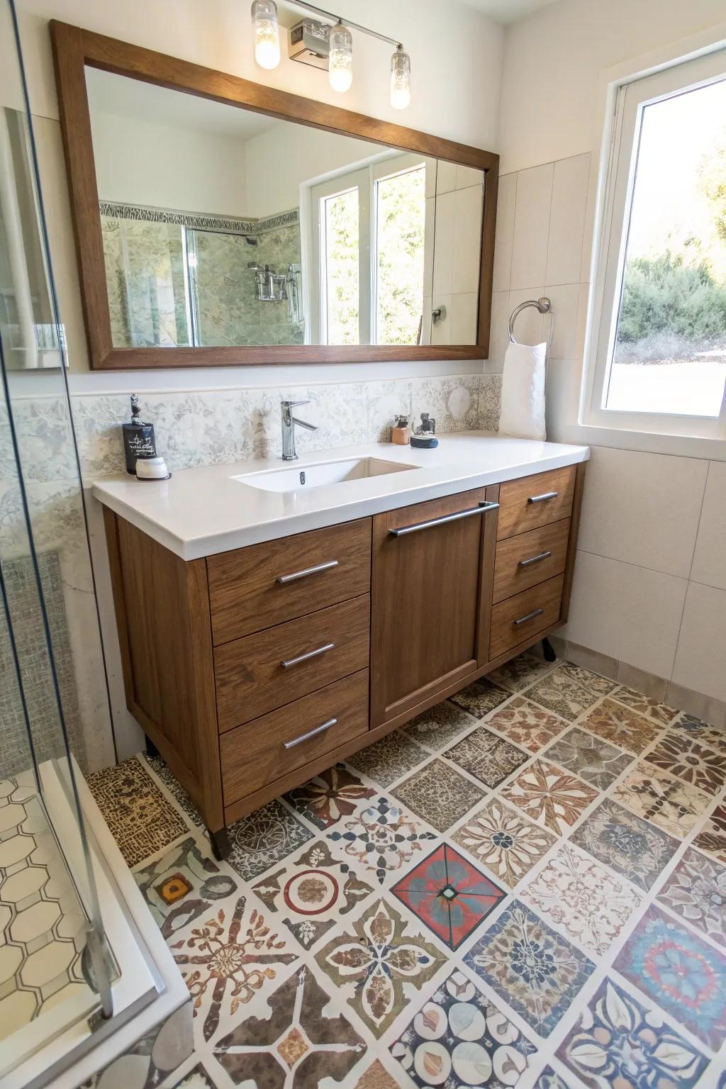 Add vibe to your washing space with unique tile layouts.