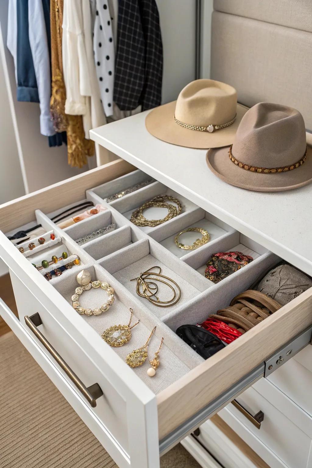 Drawers provide organized storage for essential wardrobe items.