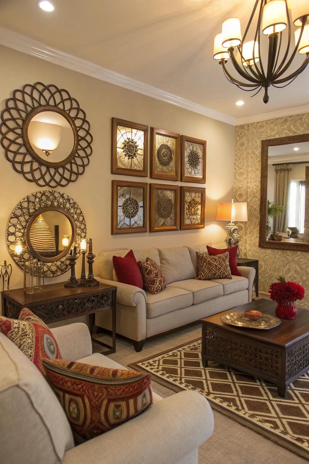 Art and reflections widen the space, adding dimension and character.