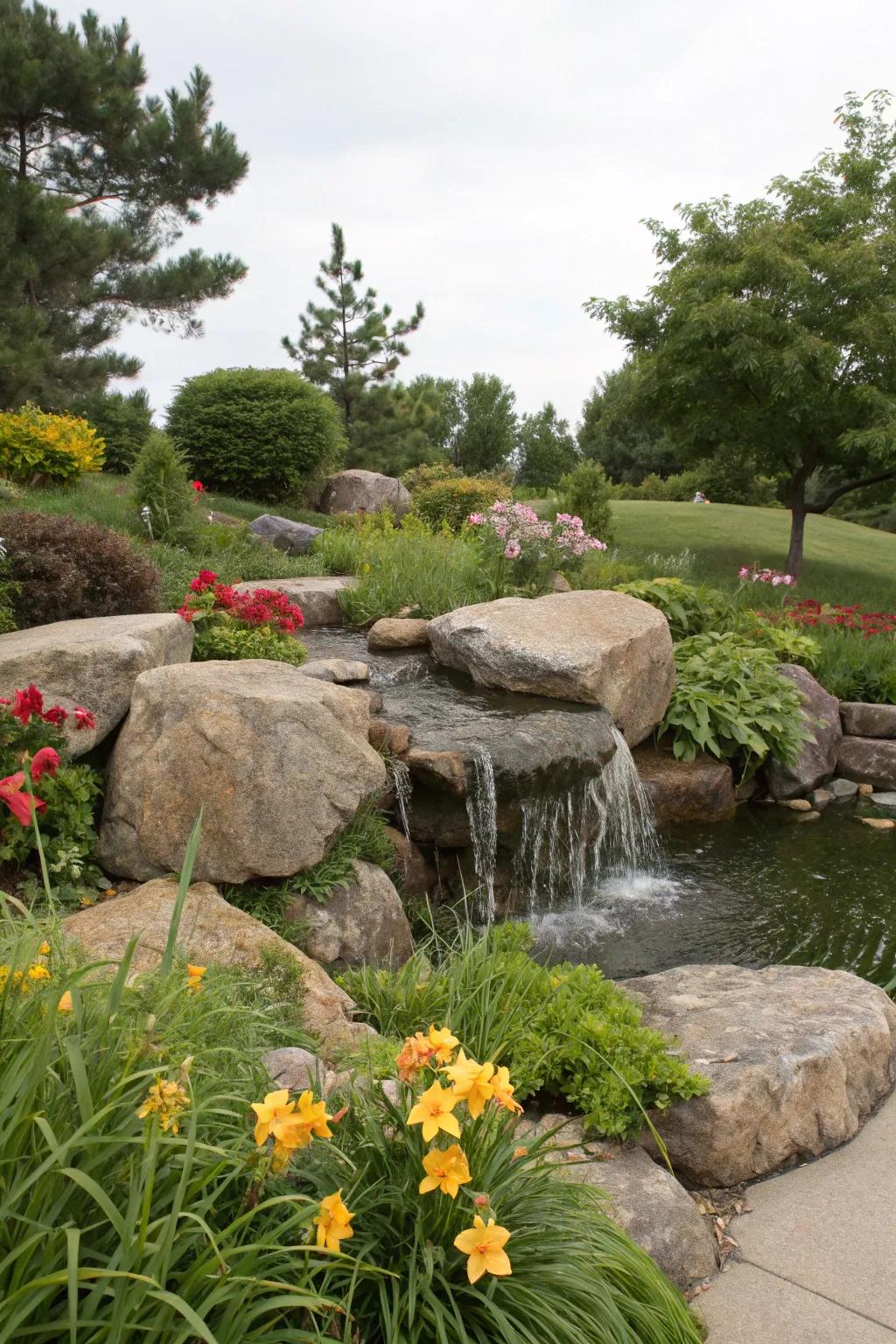 A boulder water feature brings the sound of nature to your garden.