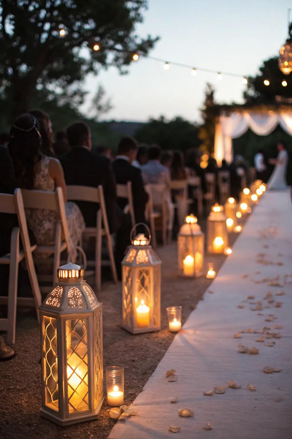 An alluring pathway illuminated by lanterns for an enchanting evening event.