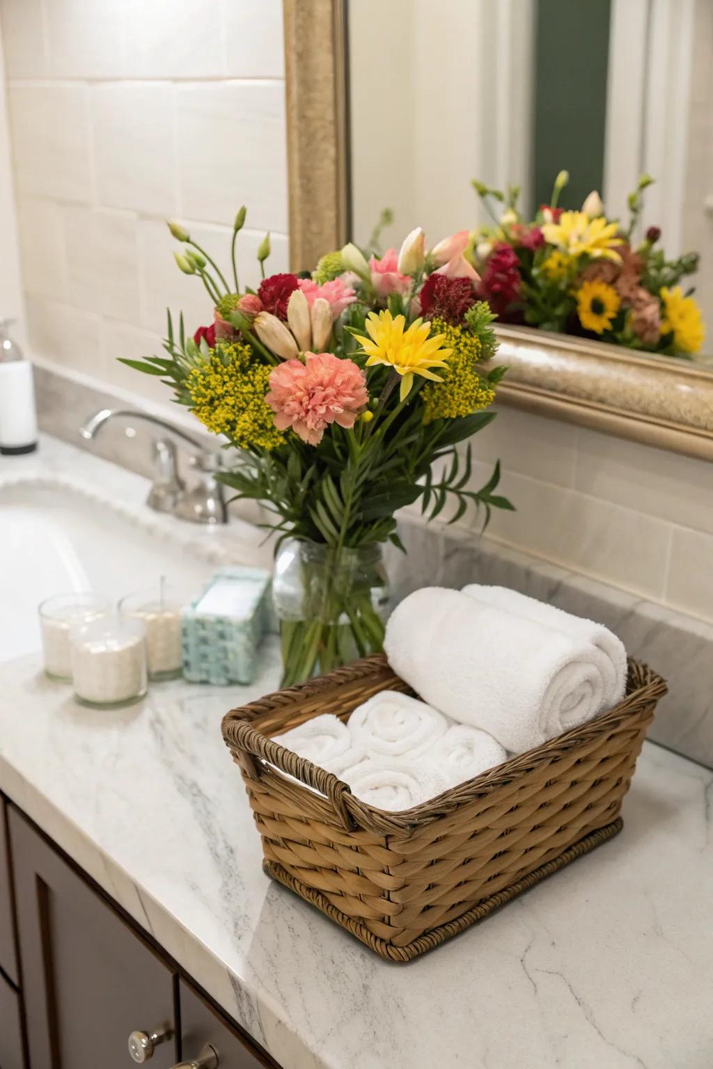 Floral accents enrich the aesthetic of wedding bathroom baskets.