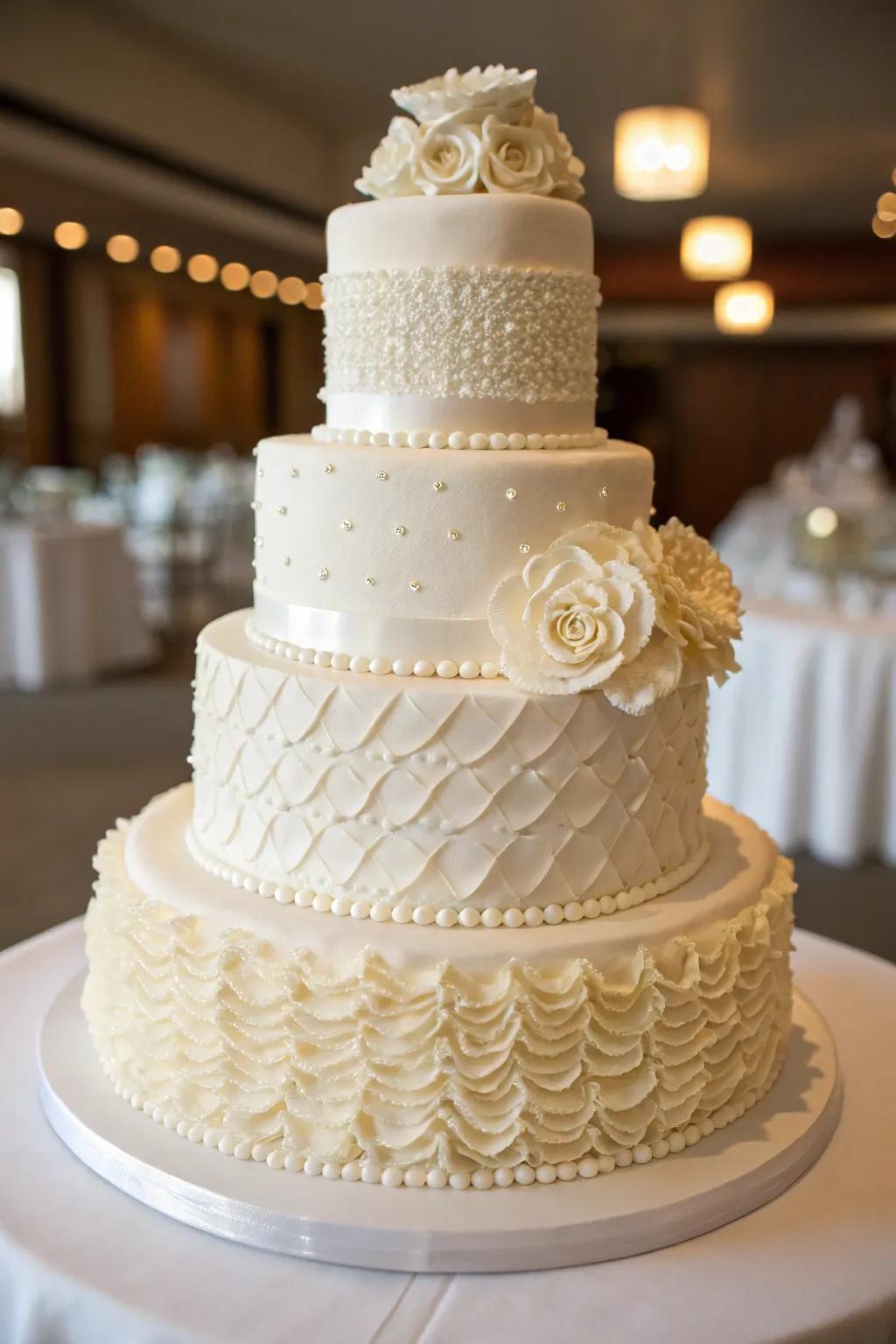 A wedding cake featuring textured layers for added dimension.