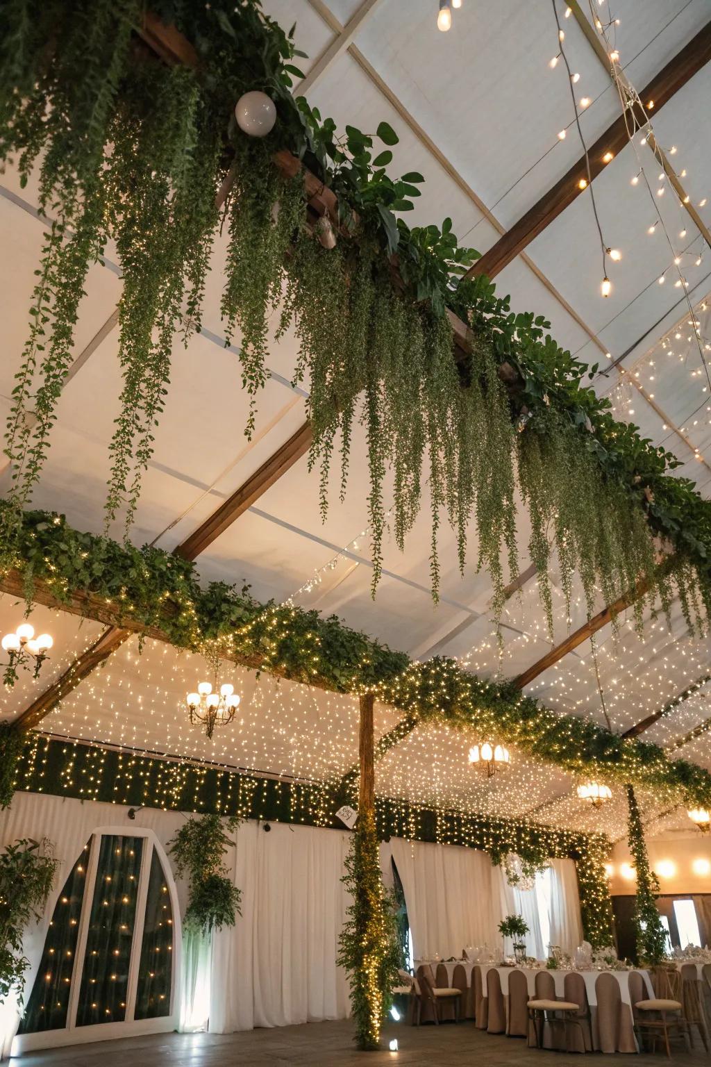 A wedding location roofing wonderfully embellished with suspended foliage and lights, designing an immersive atmosphere.